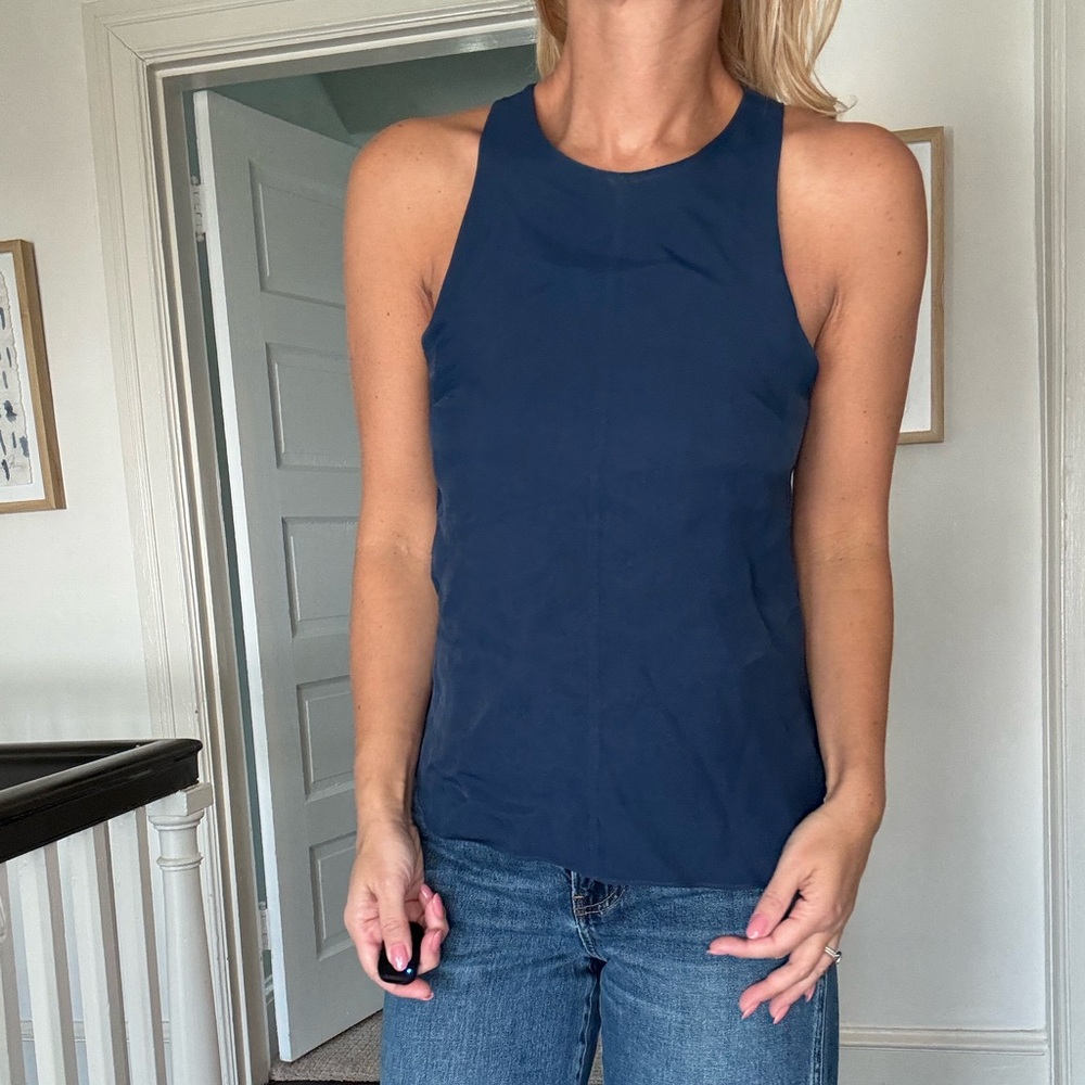 Rag & Bone Blue Sleeveless high/low Tank | High Neck Zip Back blouse